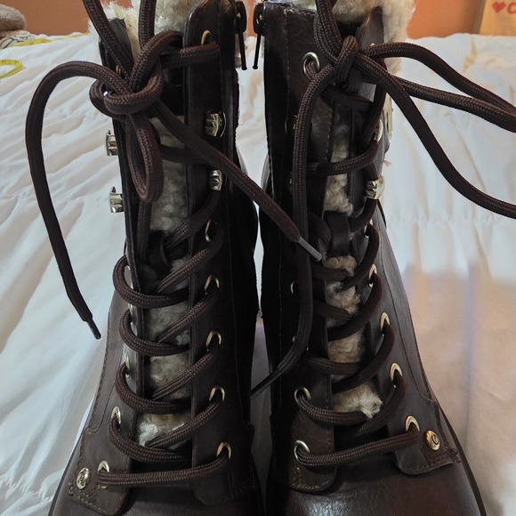 Dark Brown Faux Leather Platform Combat Boots with Shearling Trim and Block Heel - Picture 12 of 16
